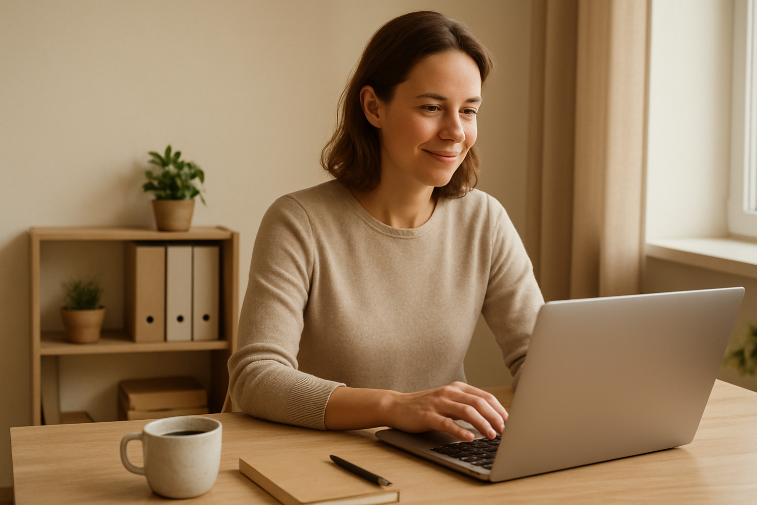 Zelfstandige ondernemer werkt zelfverzekerd aan laptop op een lichte werkplek