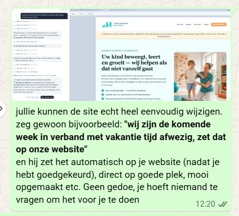 Screenshot van een chat waarin iemand een vakantiemelding op zijn website laat zetten via een gewoon berichtje